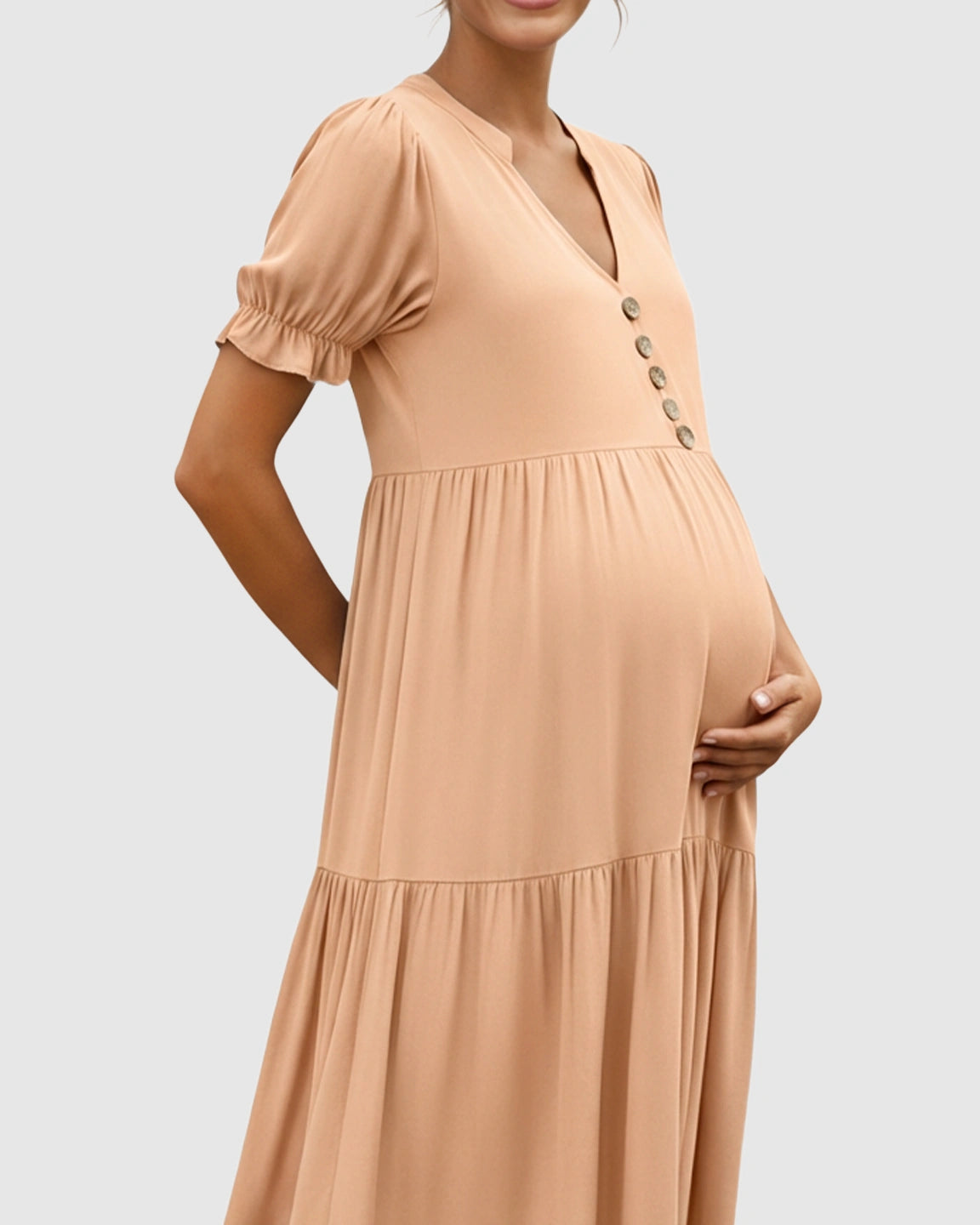 Stand-up Collar Tiered Skirt Maternity Midi Dress