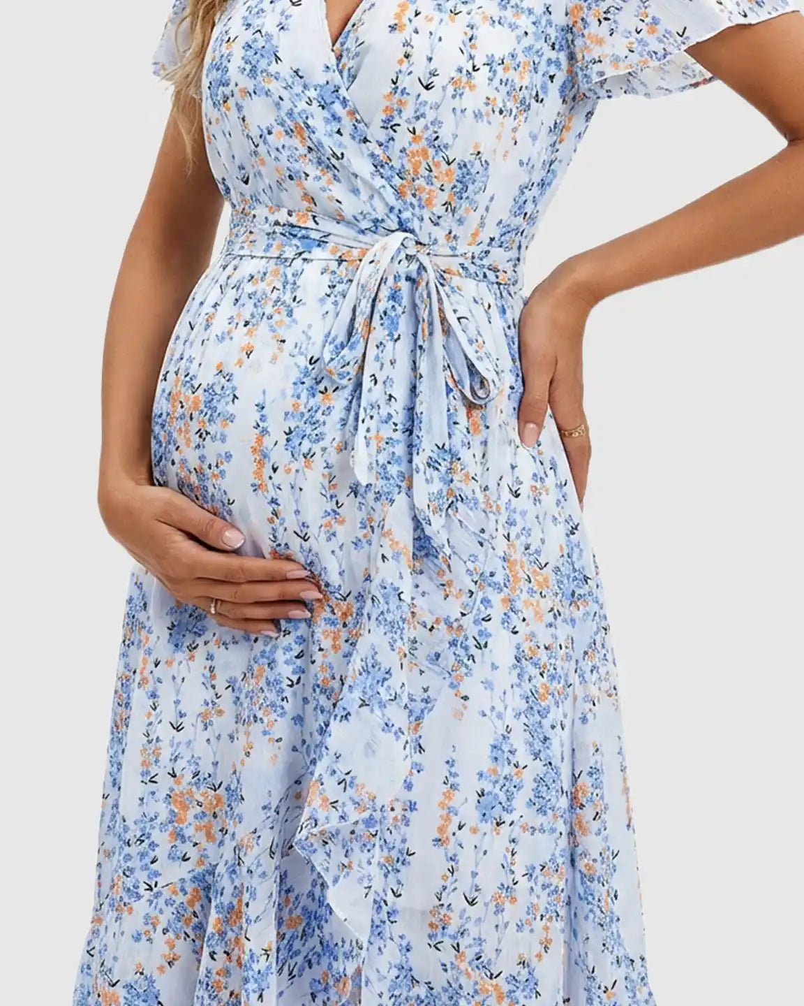Tie Waist Floral Print Maternity Midi Dress