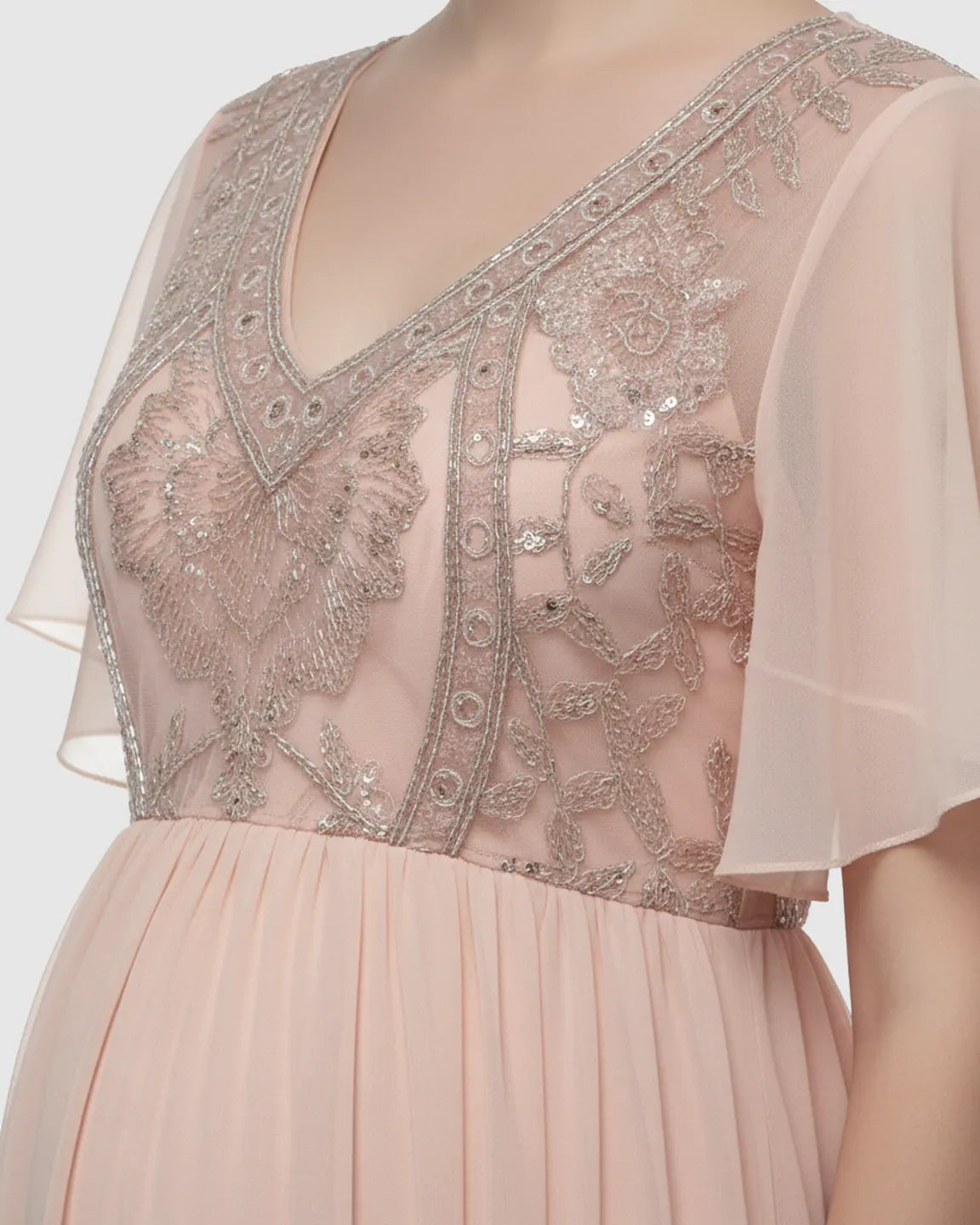 Embroidered Bodice Long Train Maternity Photoshoot Gown