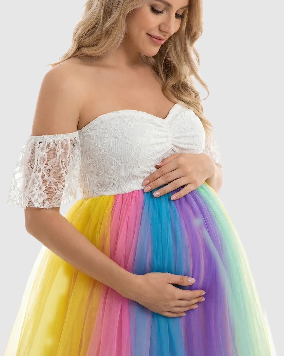 Lace-Spliced Rainbow Trailing Maternity Gown