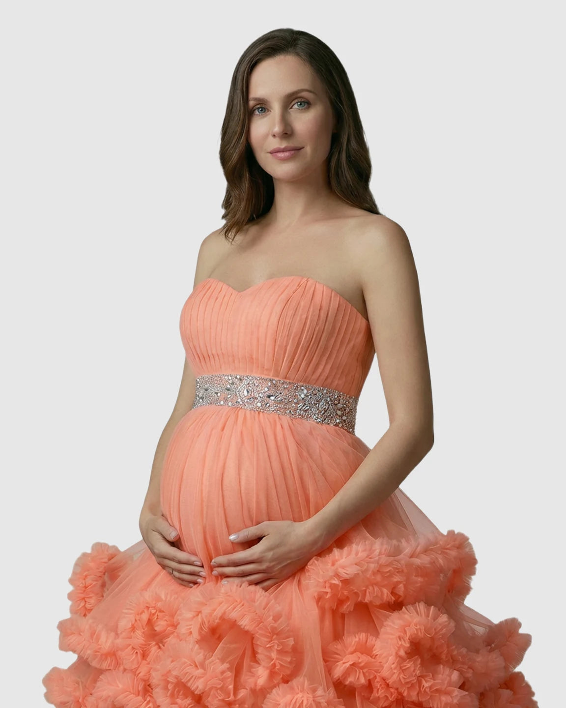 Strapless Bodice Multi-Layered Ruffled Skirt Maternity Photoshoot Dress