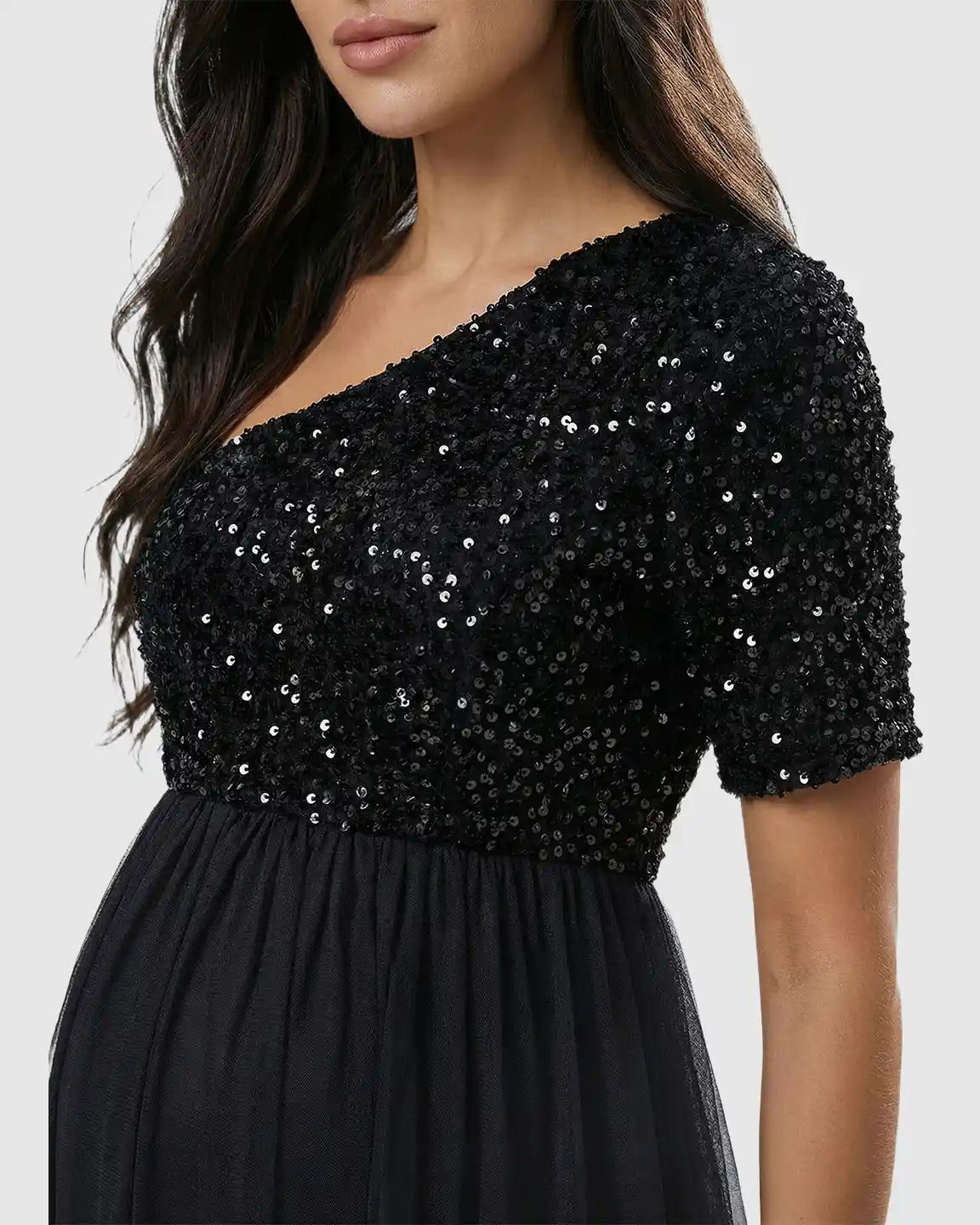 Sequin One-Shoulder Flowing Mesh Maternity Maxi Dress