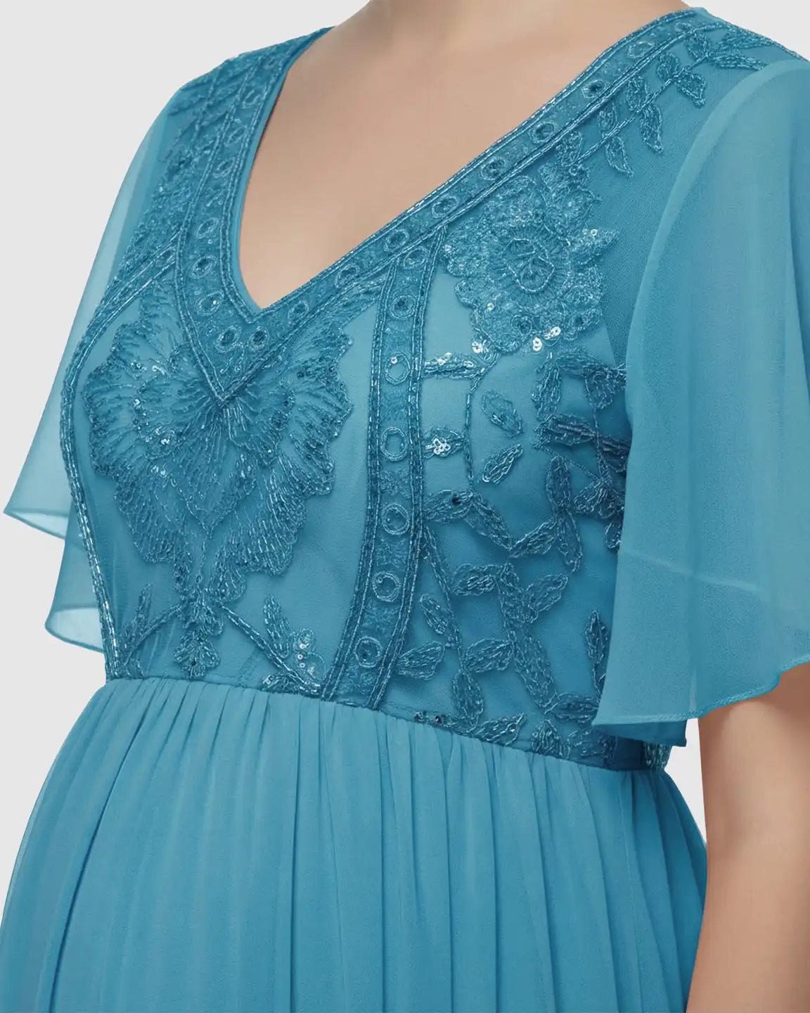 Embroidered Bodice Long Train Maternity Photoshoot Gown