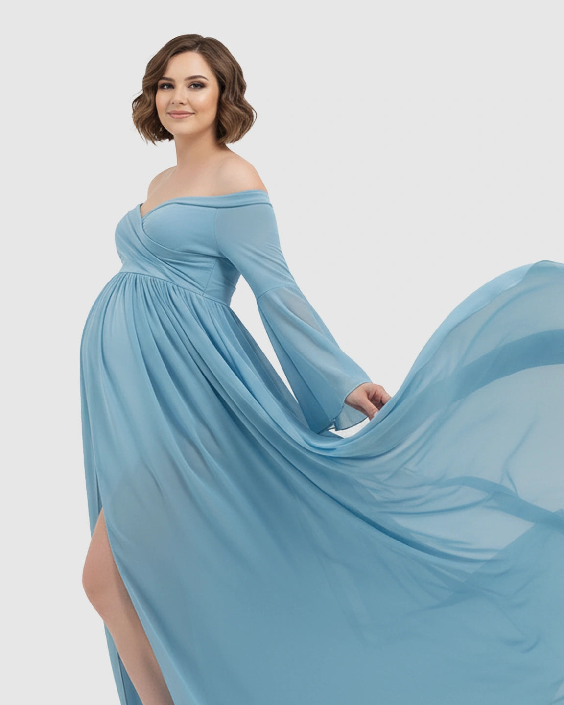 Bell Sleeves Super Long Train Maternity Photoshoot Gown