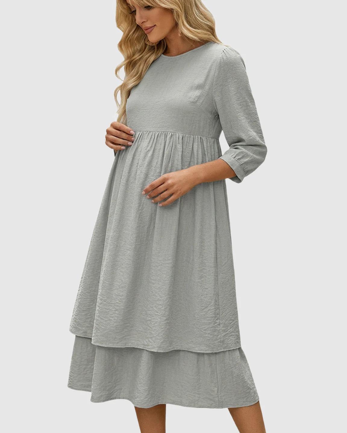 Quarter Sleeve Ruffle Skirt Maternity Midi Dress