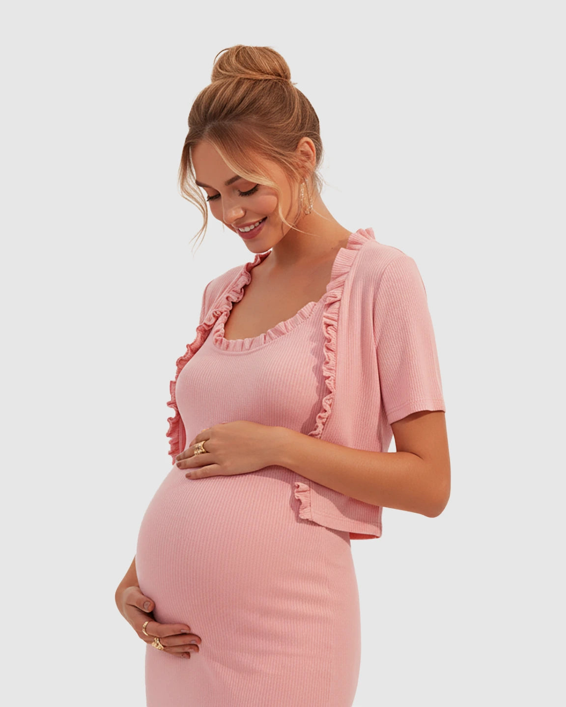 Ruffle Neck Bodycon Maternity Midi Dress Set
