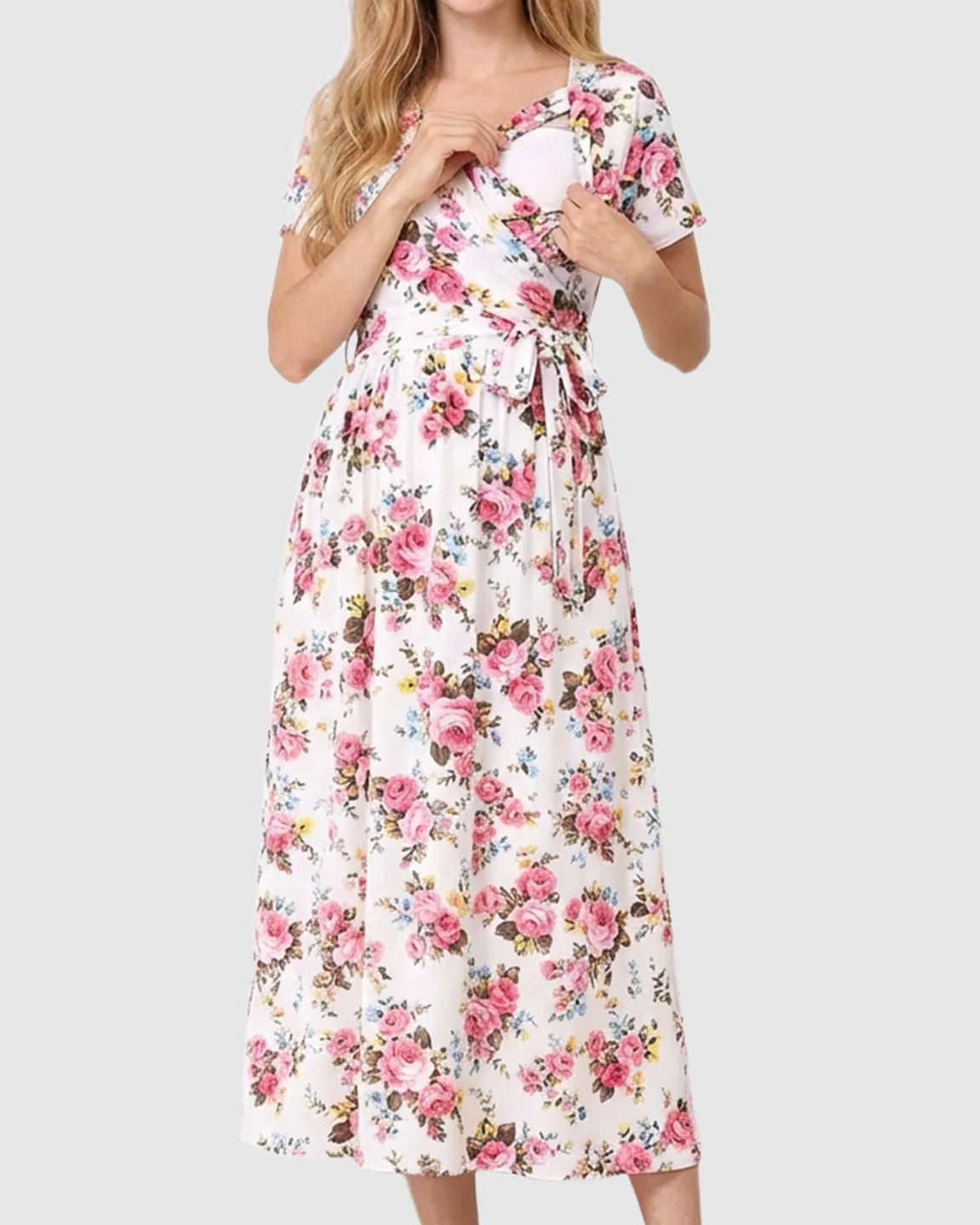 Floral V-Neck Tie-Belt Nursing Maxi Dress