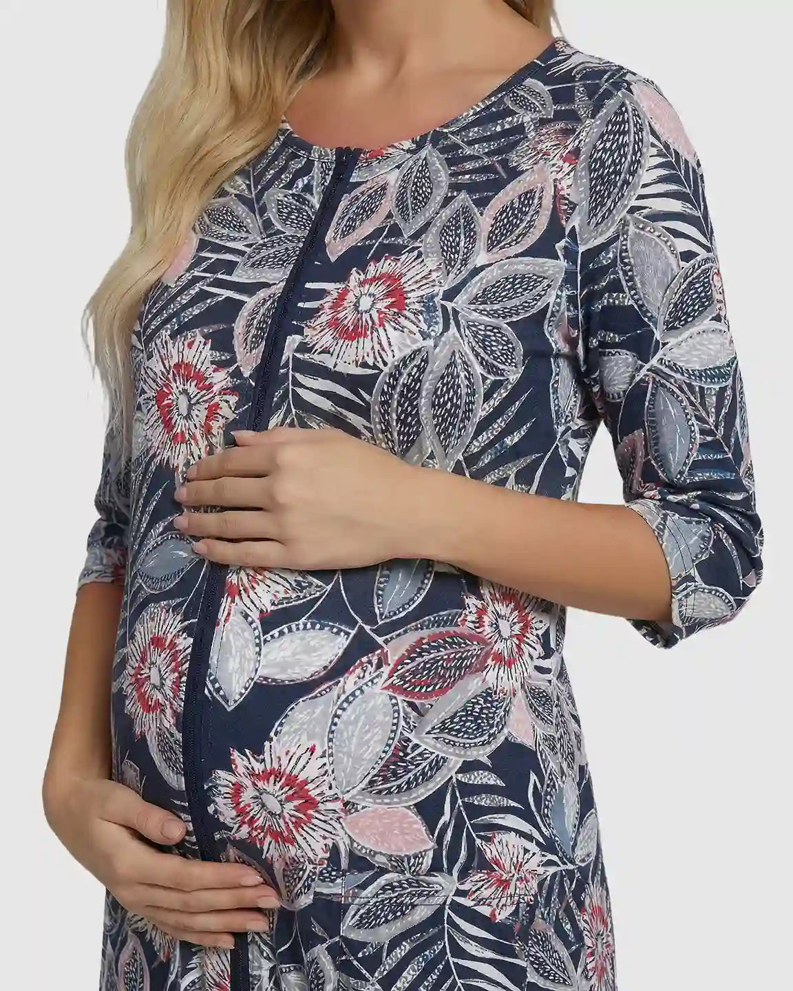 Full Front Zipper Floral Maternity Nursing Lounge Dress