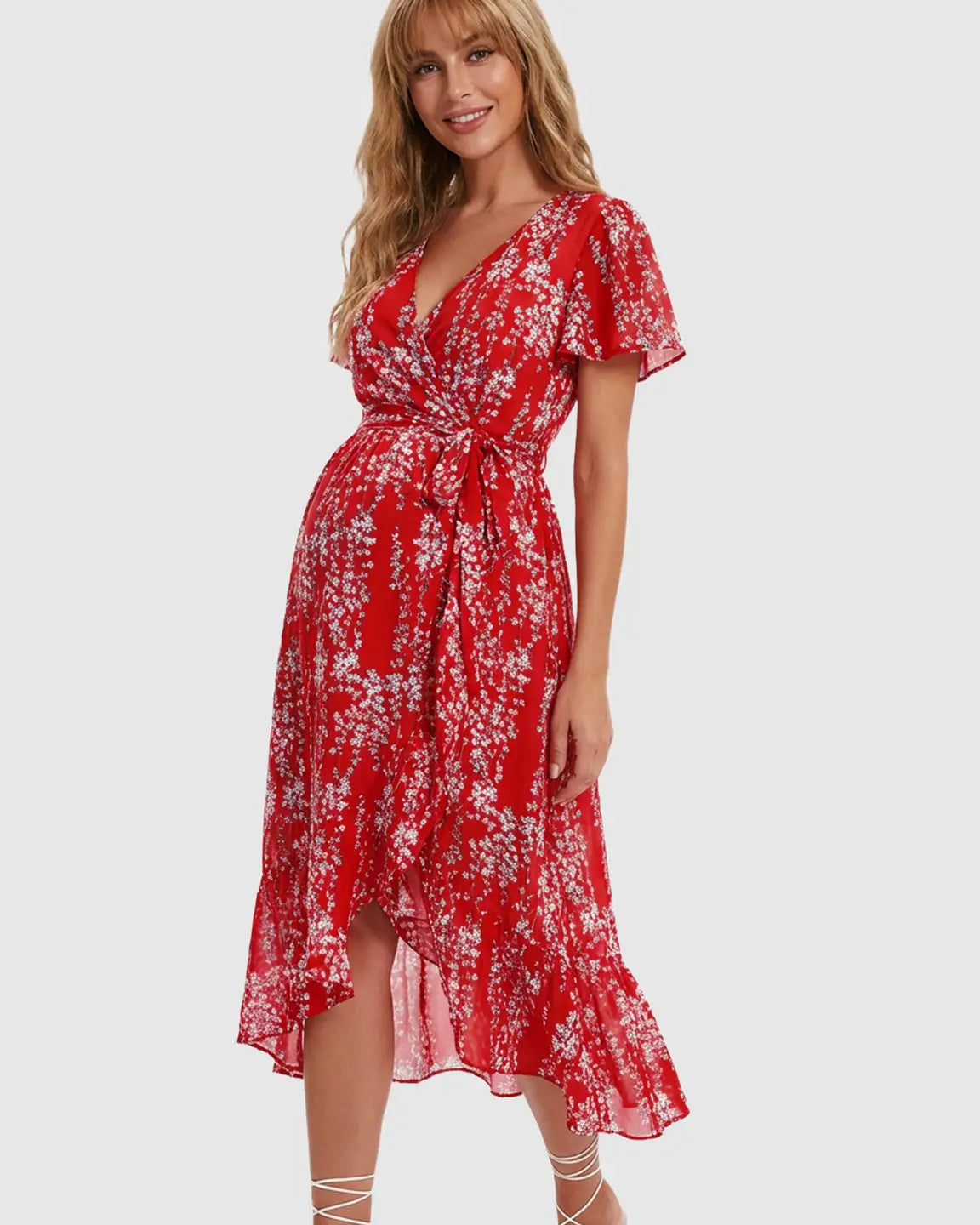 Floral V-neck Large Swing Maternity Midi Dress