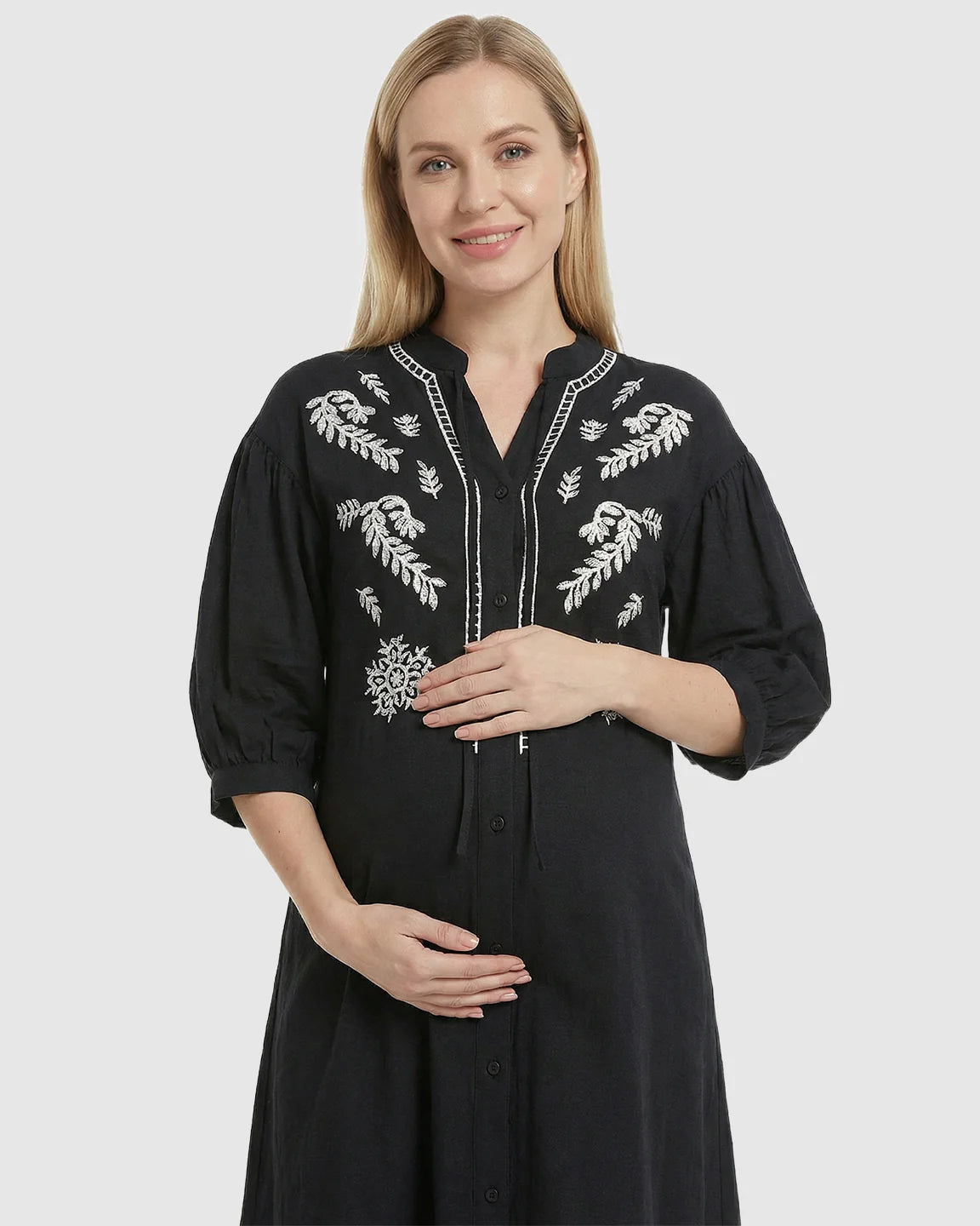 Embroidered Mandarin Collar Loose Maternity Midi Dress
