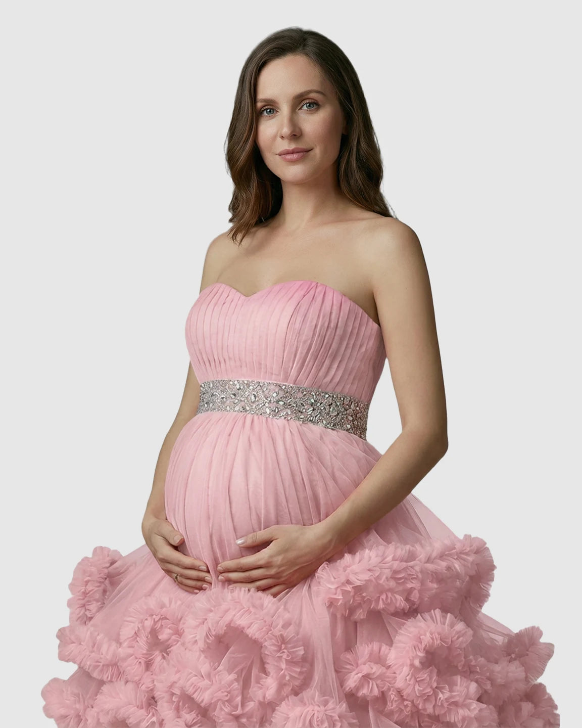 Strapless Bodice Multi-Layered Ruffled Skirt Maternity Photoshoot Dress