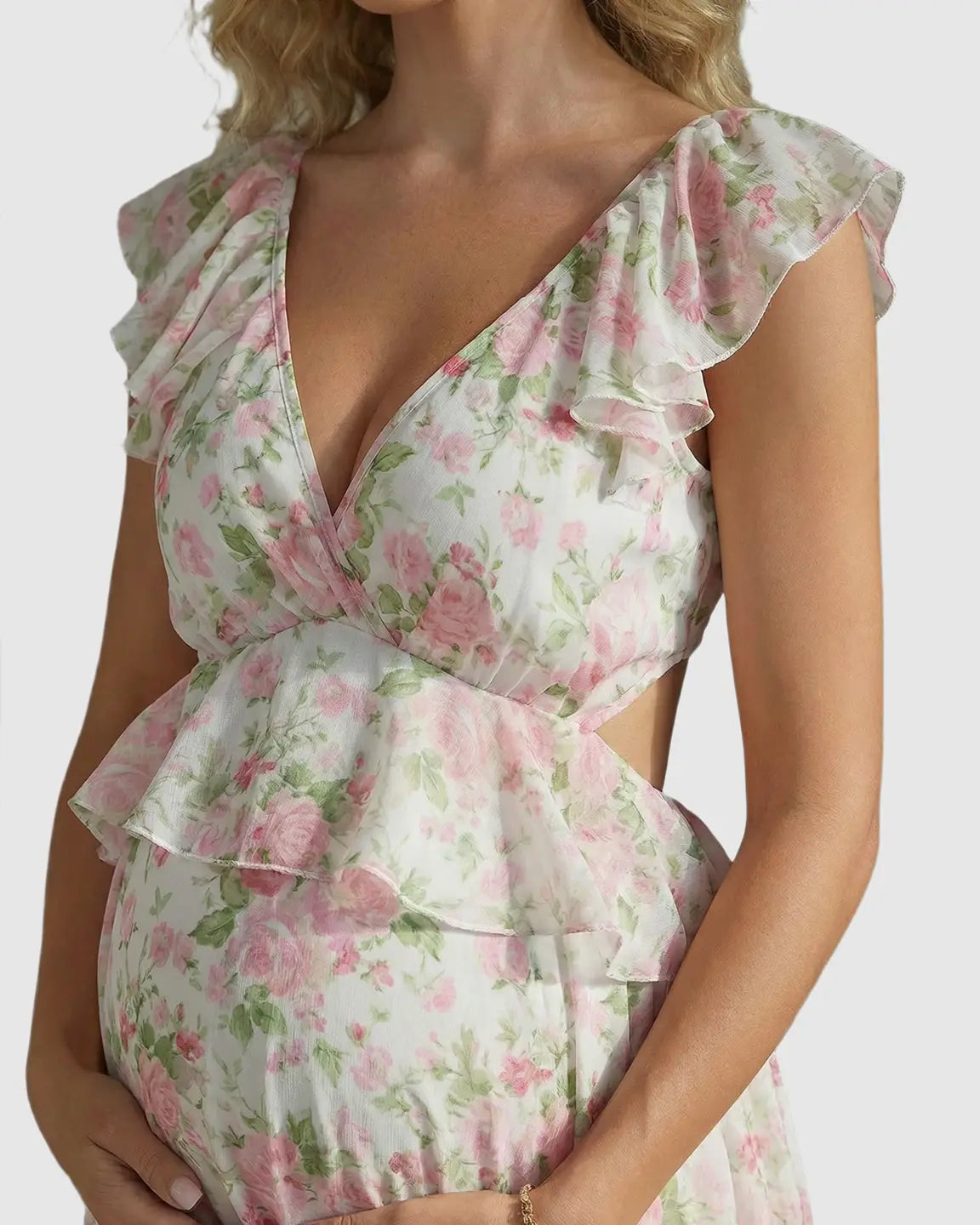 Ruffle Cap Sleeve Romantic Floral Maternity Photoshoot Dress
