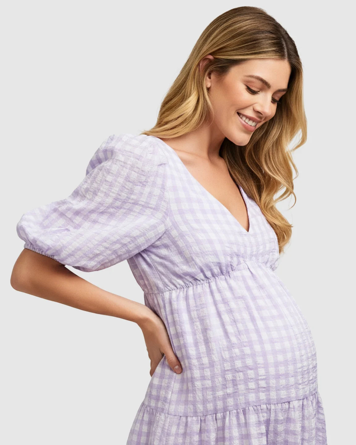 Puffed Sleeves Checkered Maternity Maxi Dress