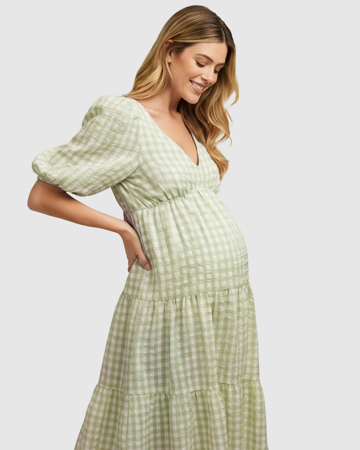 Puffed Sleeves Checkered Maternity Maxi Dress