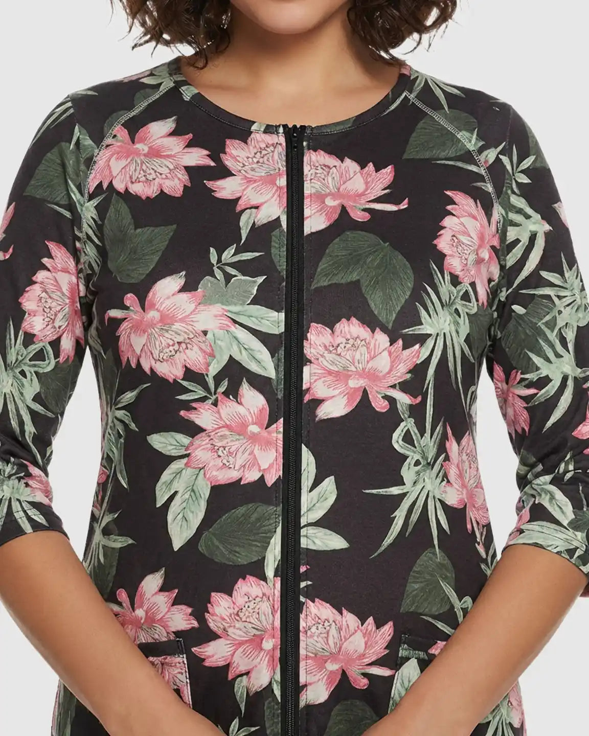 Front Zipper Floral Print Maternity Nursing Lounge Dress