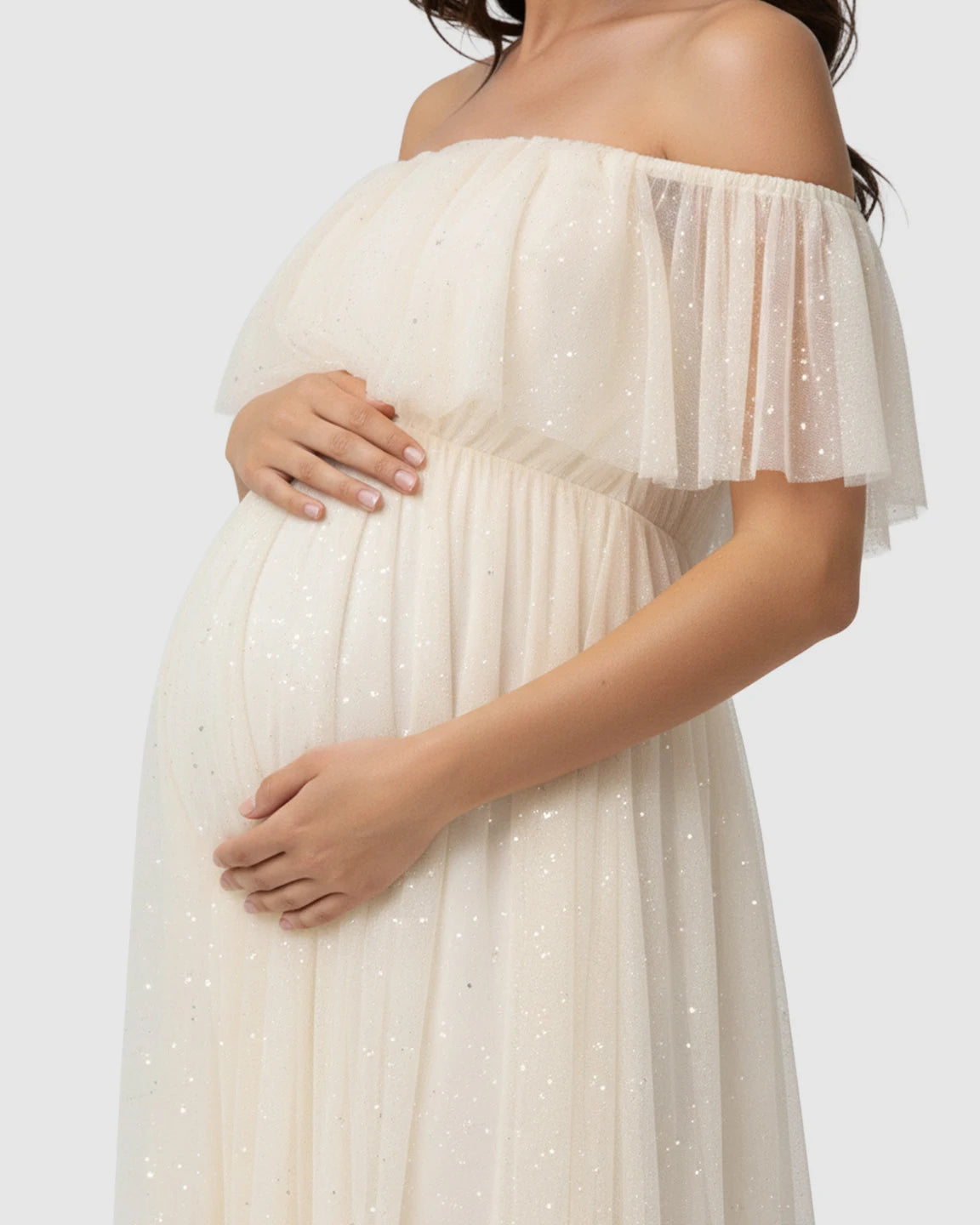 Off-Shoulder Mesh Empire Waist Maternity Maxi Dress
