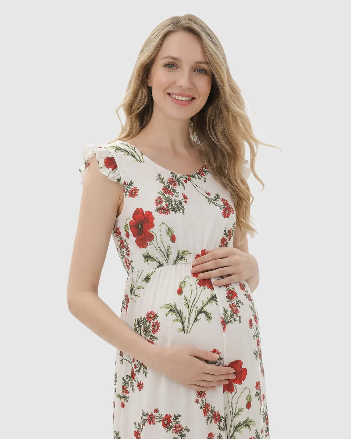 Ruffle Shoulder Floral Maternity Maxi Dress