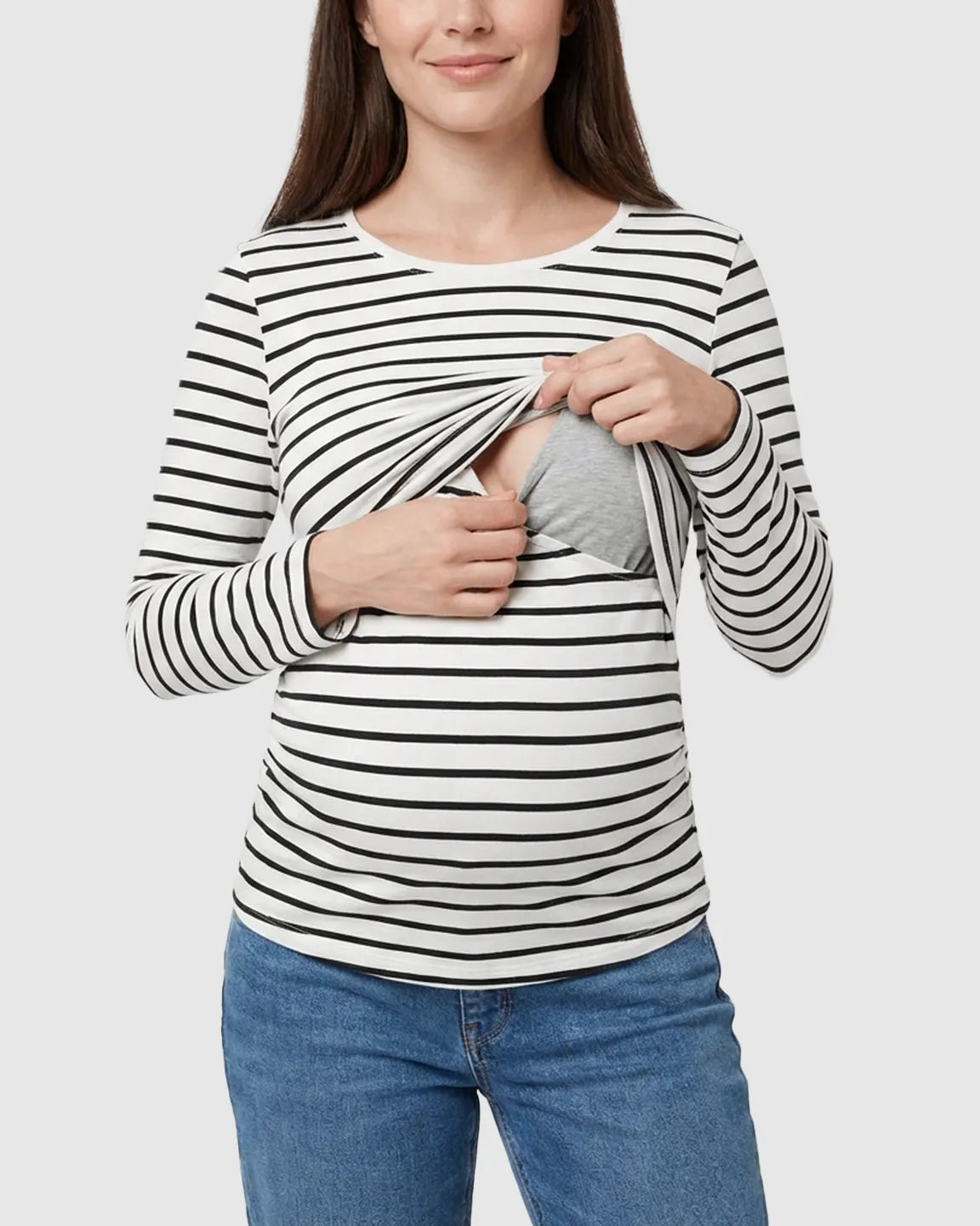 Round Neck Striped Print Maternity & Nursing Top