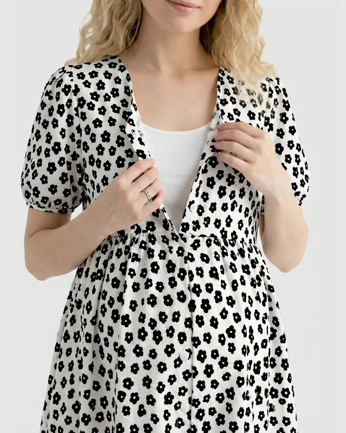 Button-Front Floral Print Maternity Nursing Dress