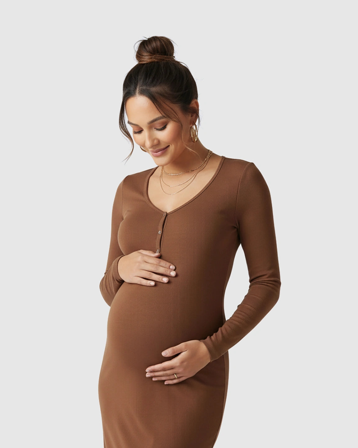 Ribbed Knit Long-Sleeve Maternity Midi Dress