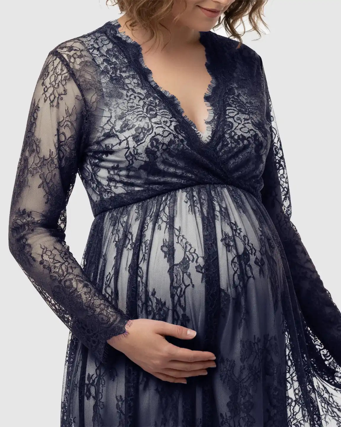 Sheer Floral Lace Empire Waist Maternity Maxi Dress