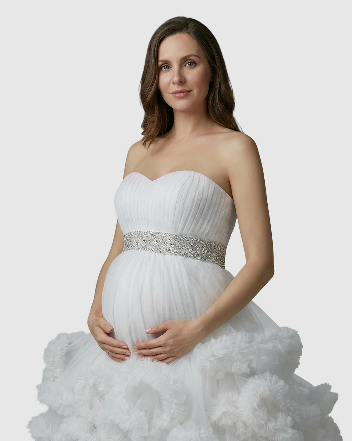 Strapless Bodice Multi-Layered Ruffled Skirt Maternity Photoshoot Dress