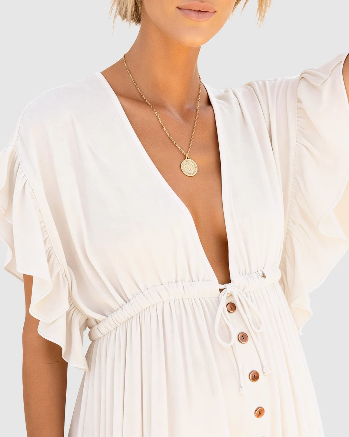 Button-Front Deep V Neck Maxi Beach Cover-Up Dress