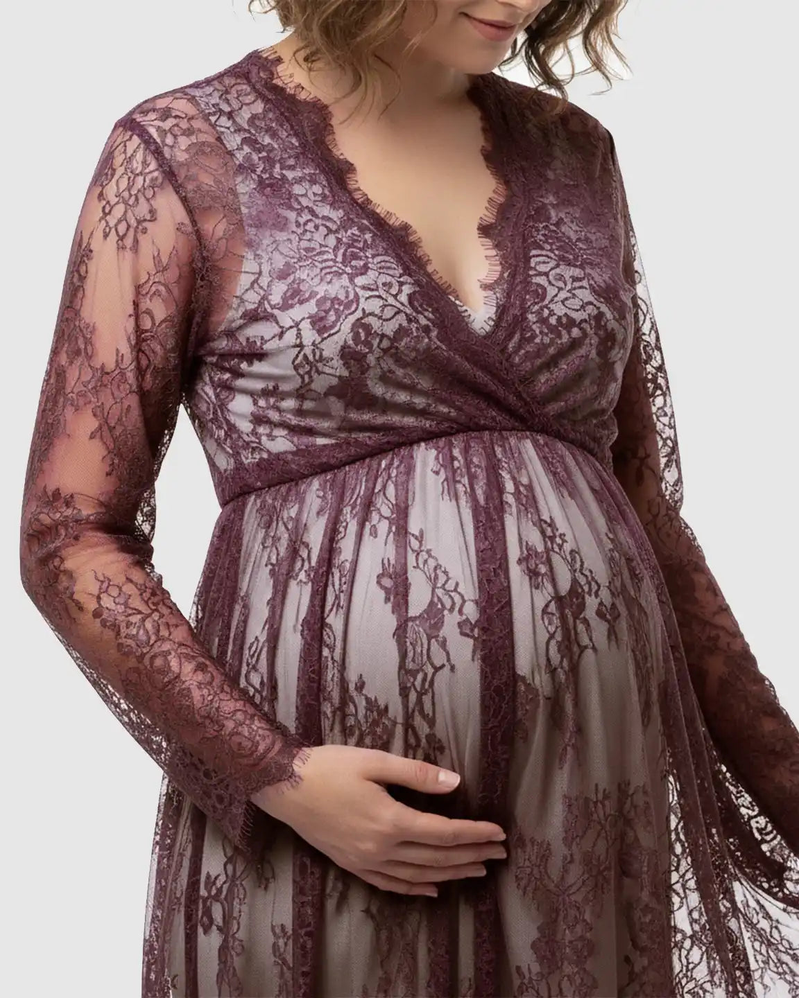 Sheer Floral Lace Empire Waist Maternity Maxi Dress