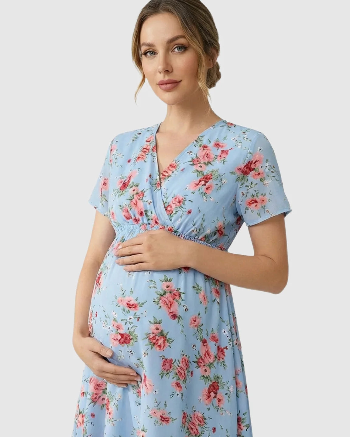 Chiffon Fabric Floral Print Maternity Midi Dress