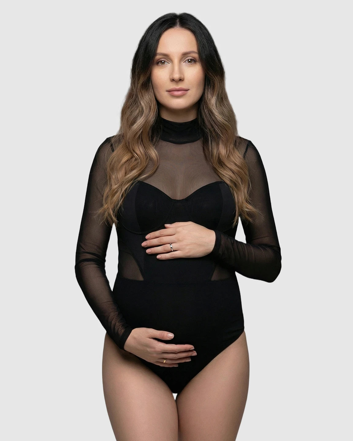 Long-Sleeve Sheer Mesh Bodycon Maternity Photoshoot Bodysuit