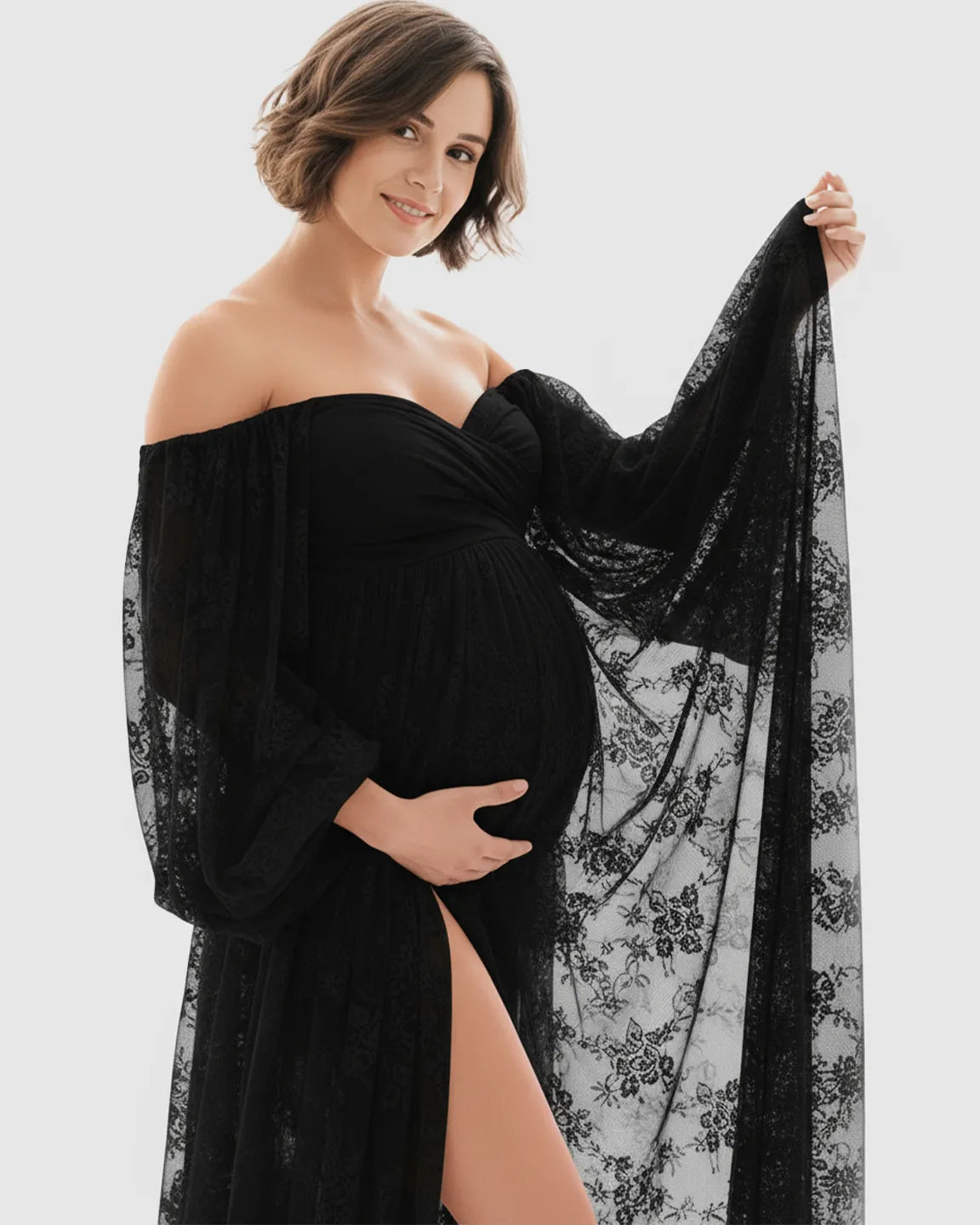 Sheer Lace Flowy Maternity Photoshoot Gown