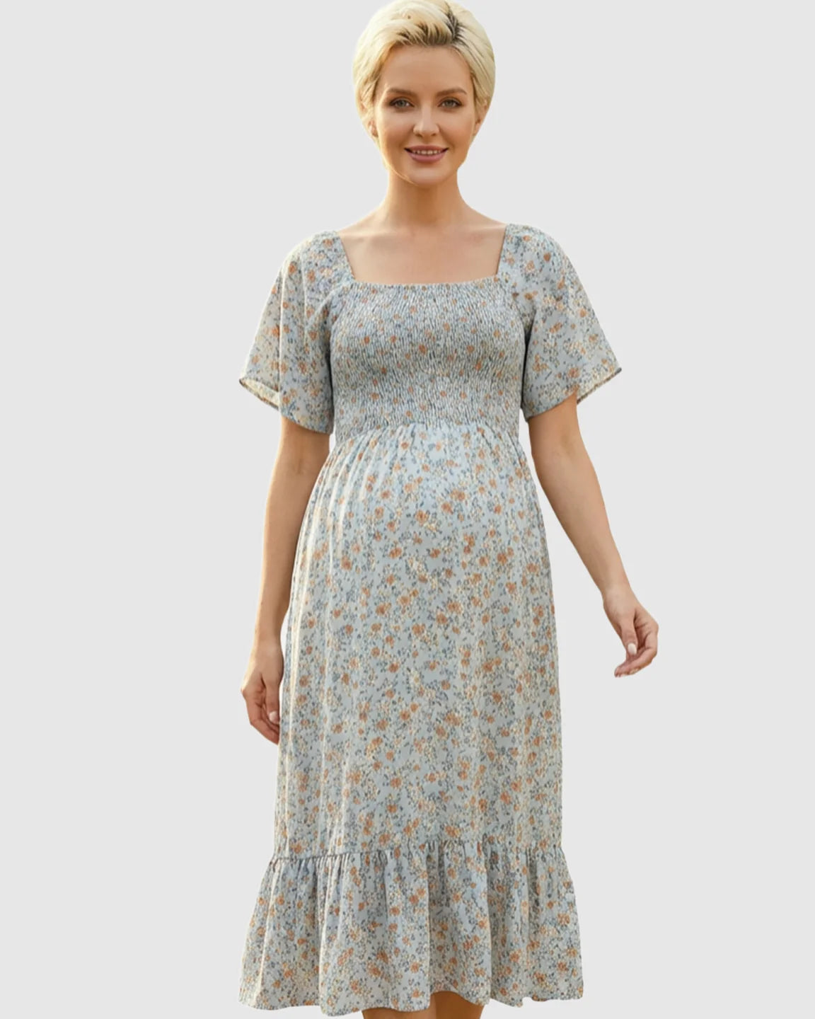 Smocked Bodice Square Neck Maternity Midi Dress
