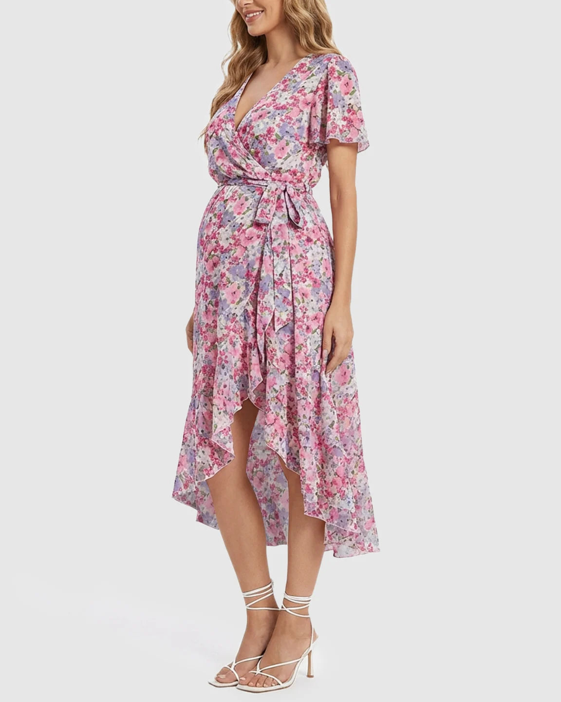 Floral V-neck Ruffled Hem Maternity Midi Dress