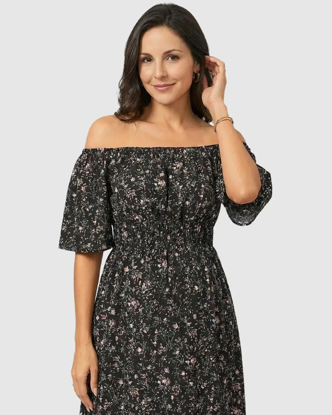 Smocked Bodice Off-Shoulder Maternity Midi Dress