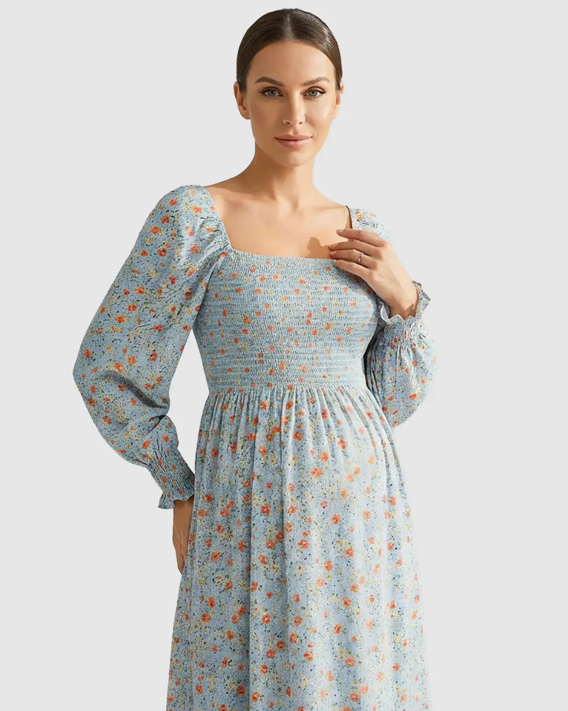 Smocked Bodice Floral Maternity Midi Dress