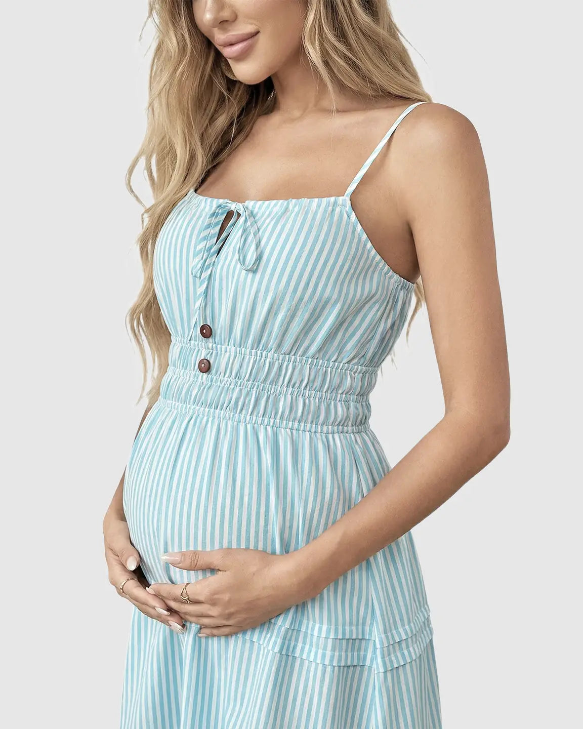 Smocked-Waist Striped A-Line Maternity Midi Dress