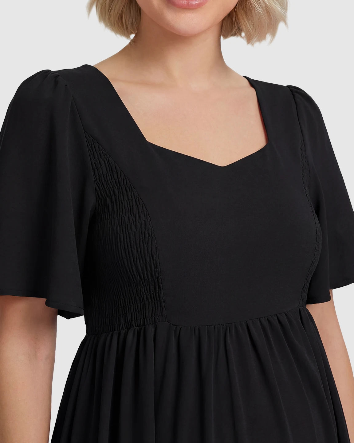 Shirred Ruffle Sleeve Swing Maternity Midi Dress