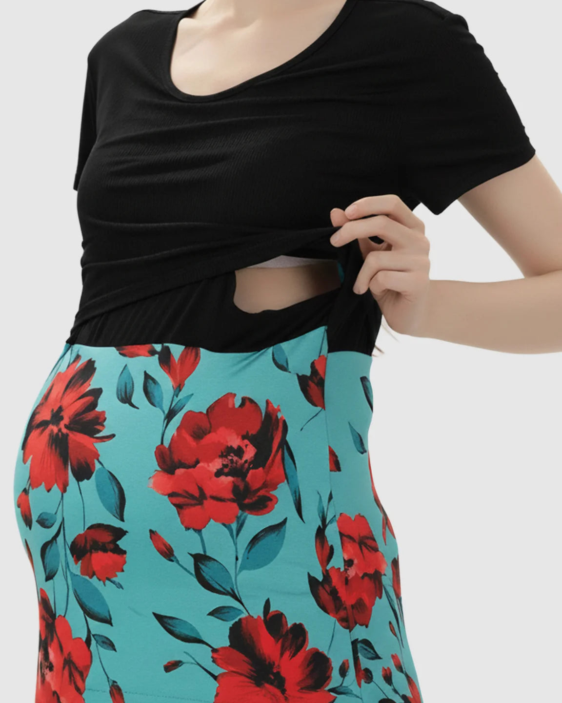 Asymmetric-Floral Vintage Maternity Midi Dress