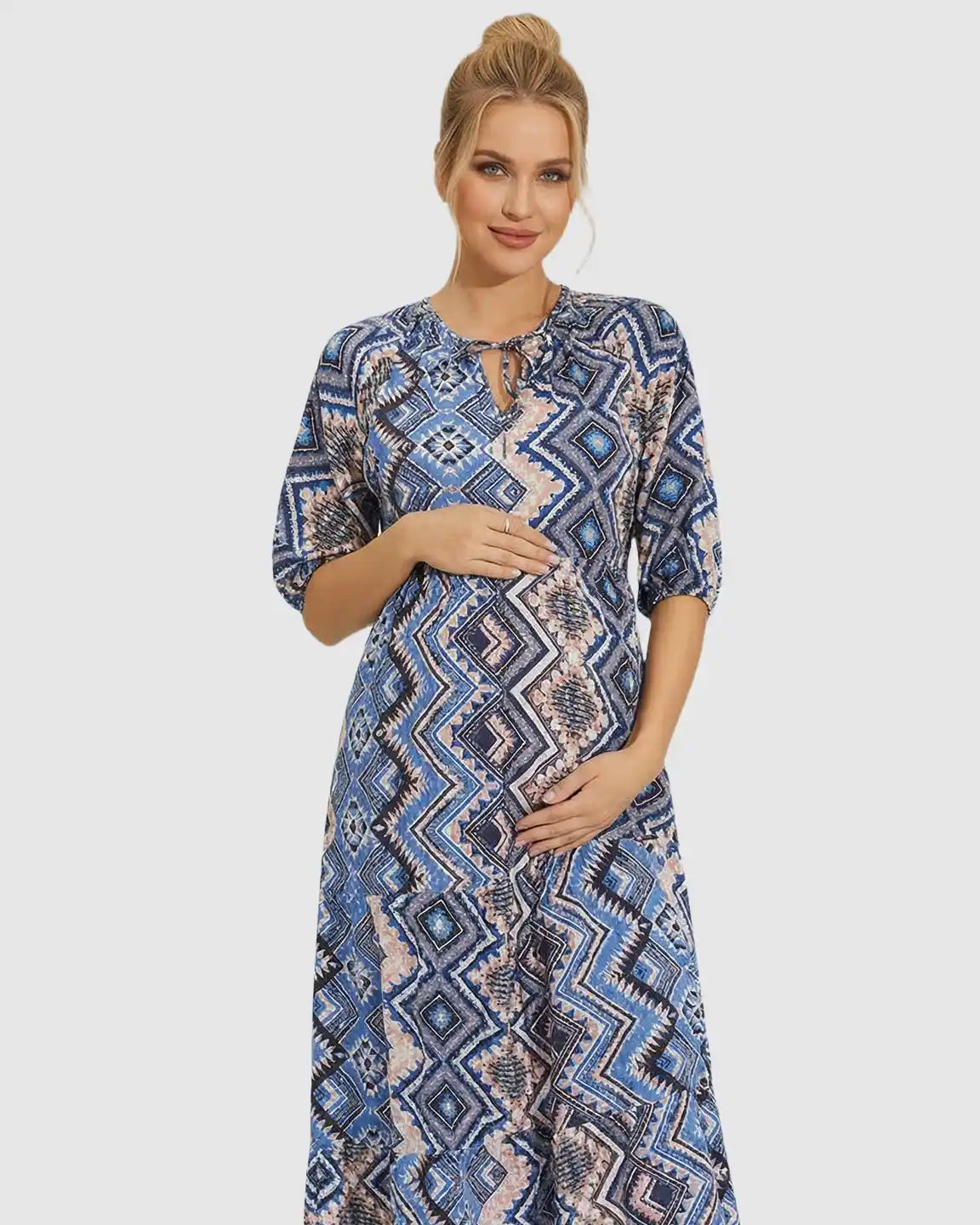 V-Neck Boho Print Maternity Midi Dress