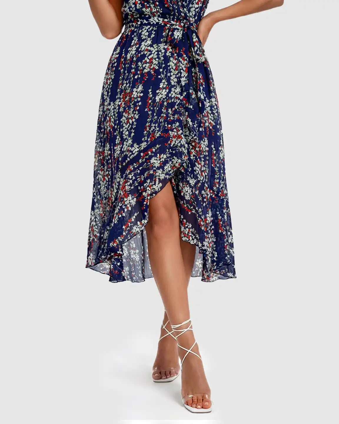 Navy Floral Wrap-Front Maternity Midi Dress