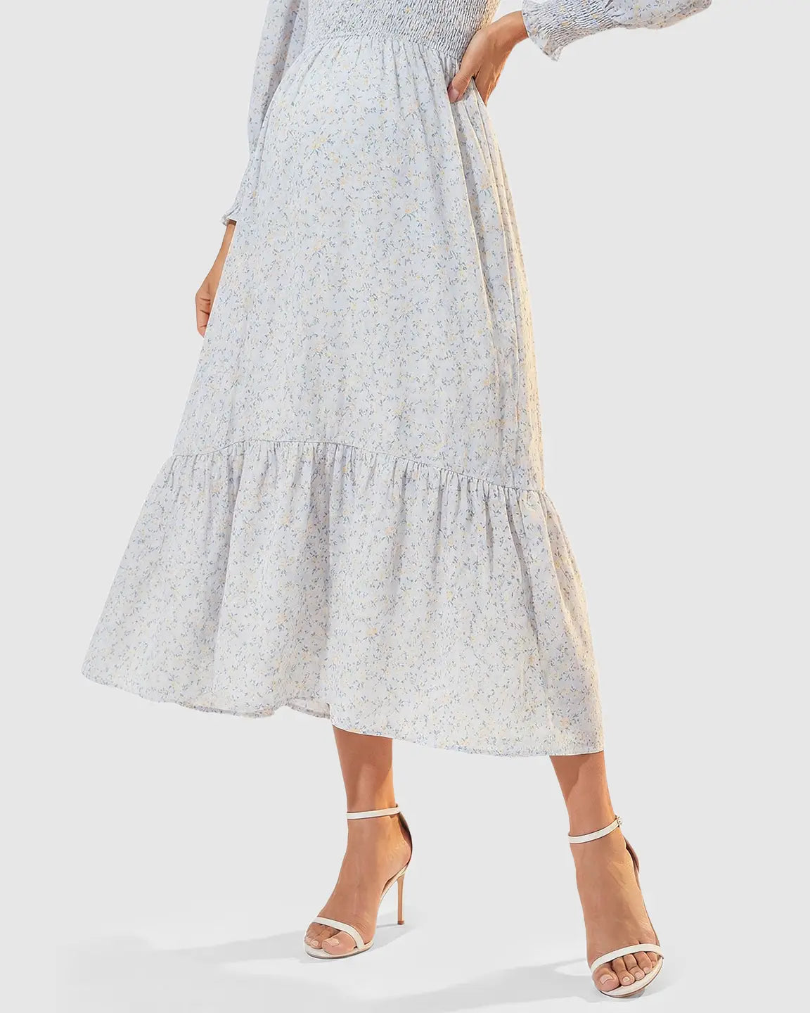 Smocked Floral Long Sleeve Maternity Midi Dress