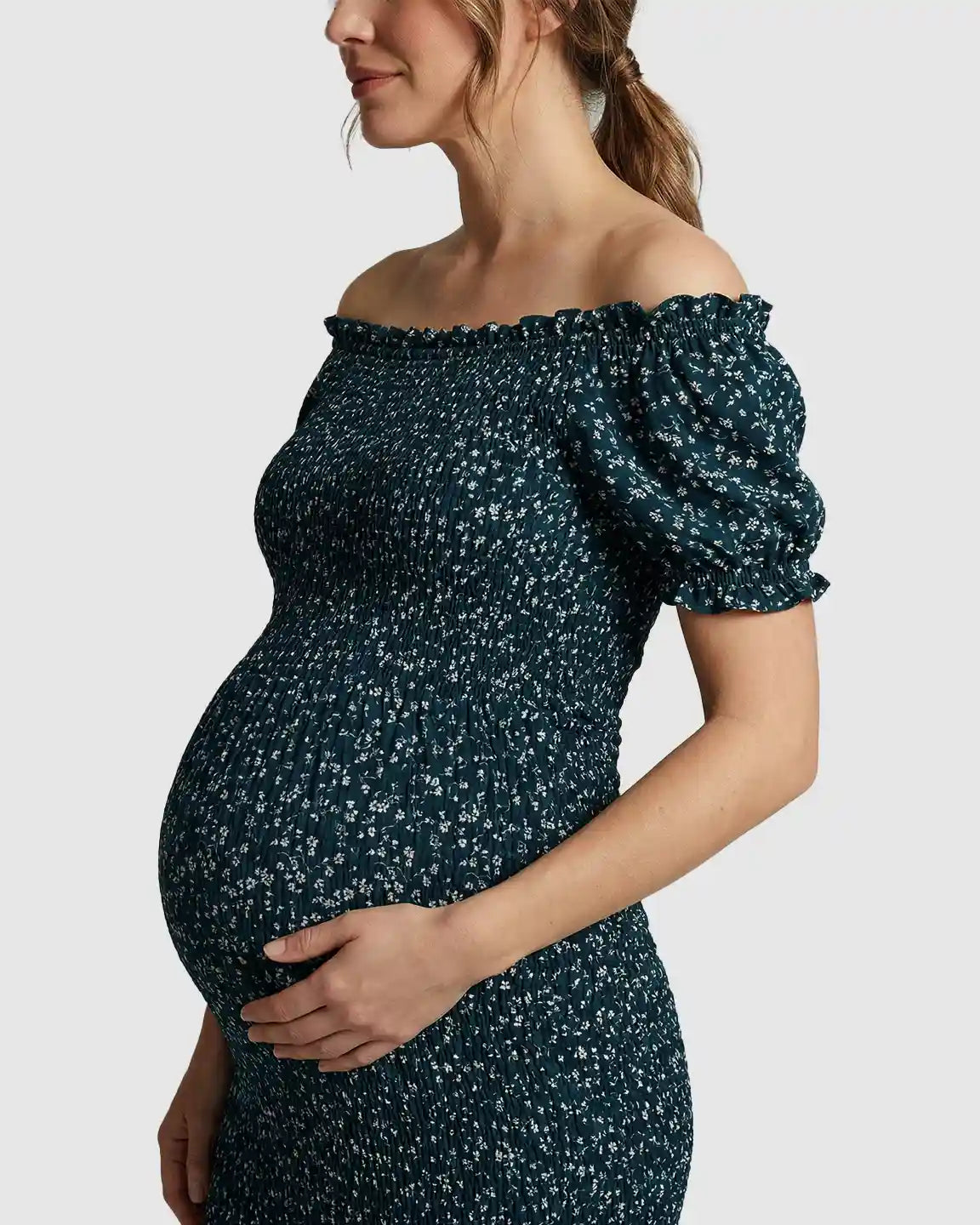 Puff Sleeve Smocked Maternity Midi Dress