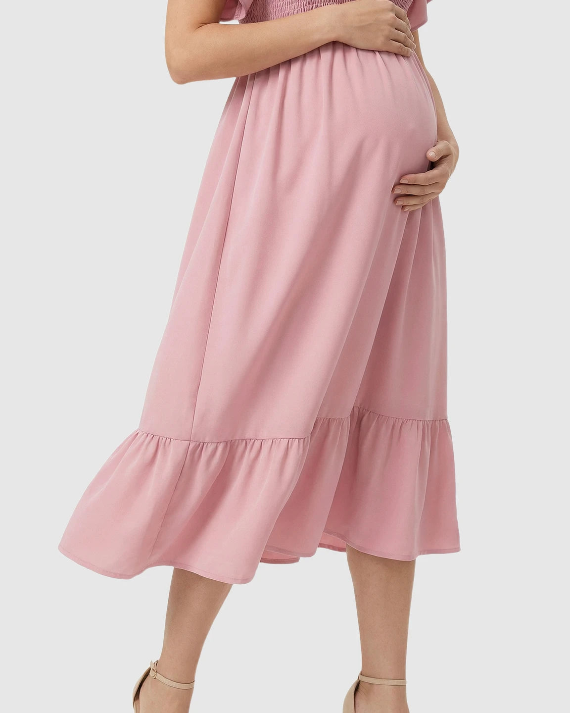 Flutter-Sleeve Smocked Maternity Midi Dress
