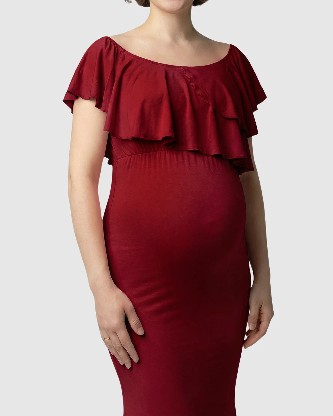Ruffle-Off Shoulder Trailing Maternity Gown