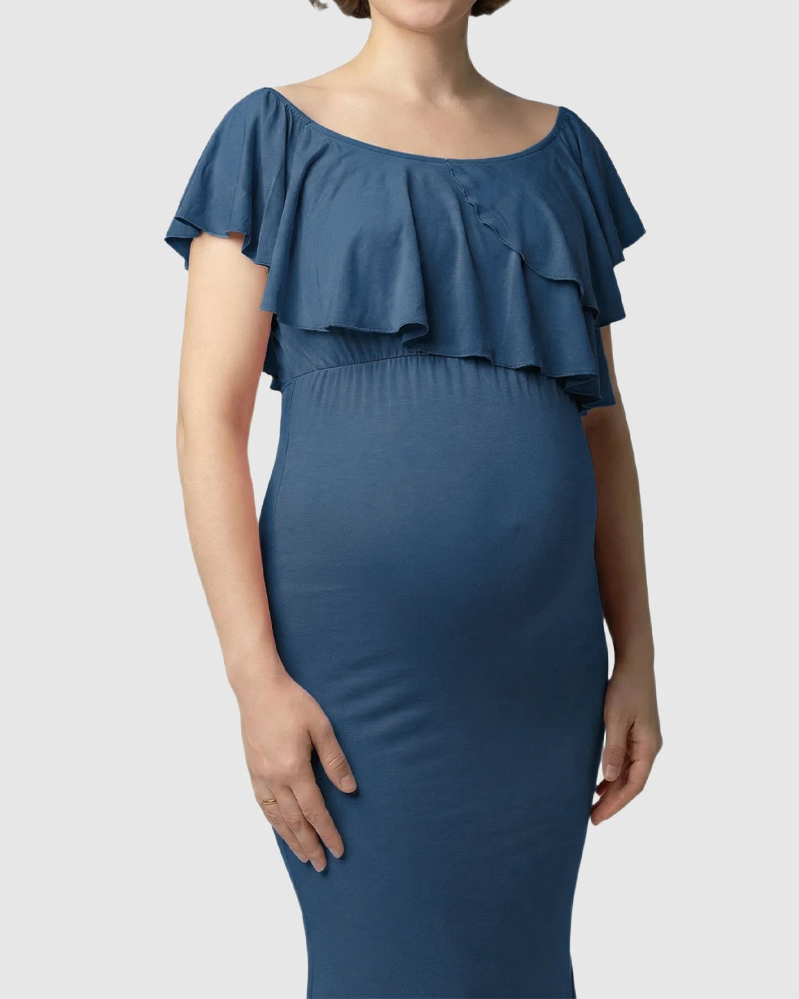 Ruffle-Off Shoulder Trailing Maternity Gown