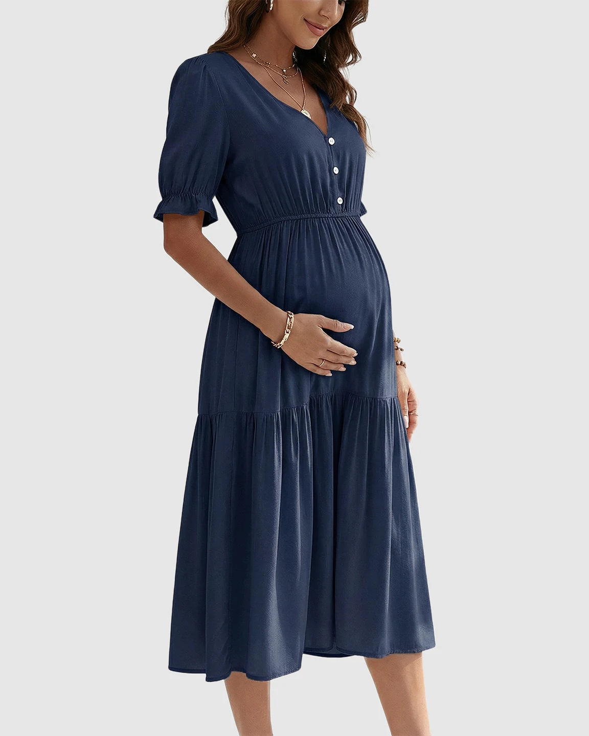 V-Neck Puff Sleeve Maternity Midi Dress
