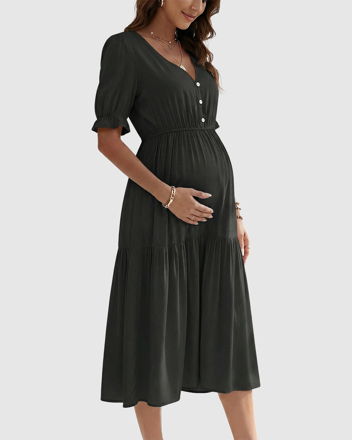 V-Neck Puff Sleeve Maternity Midi Dress