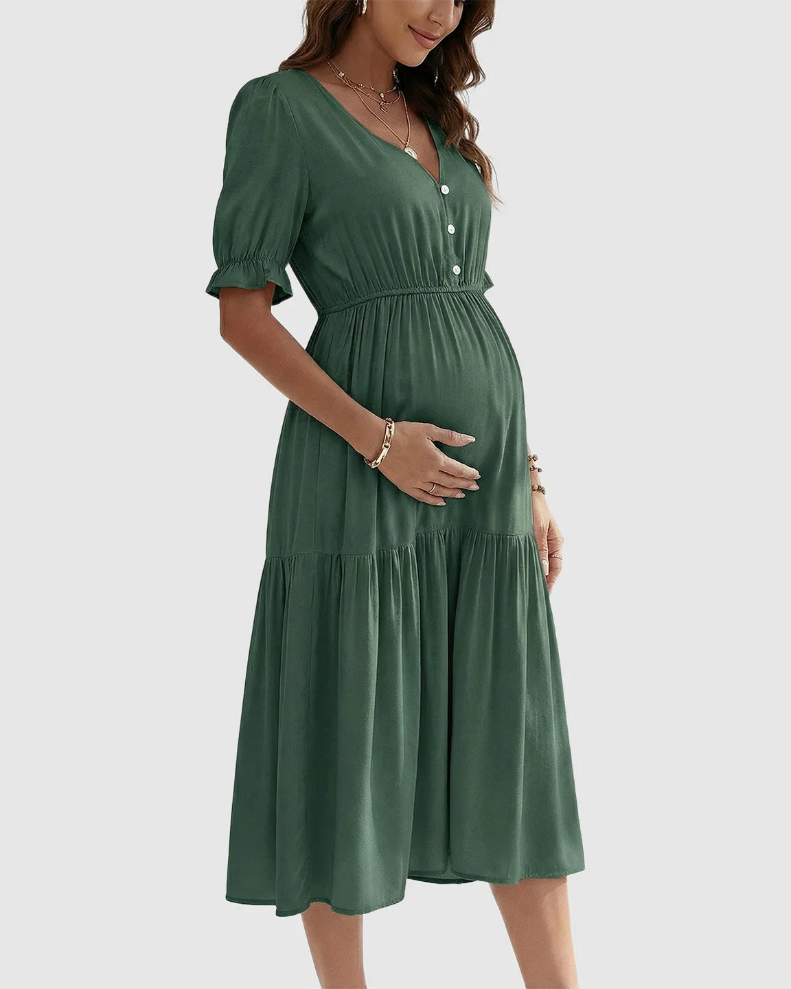 V-Neck Puff Sleeve Maternity Midi Dress