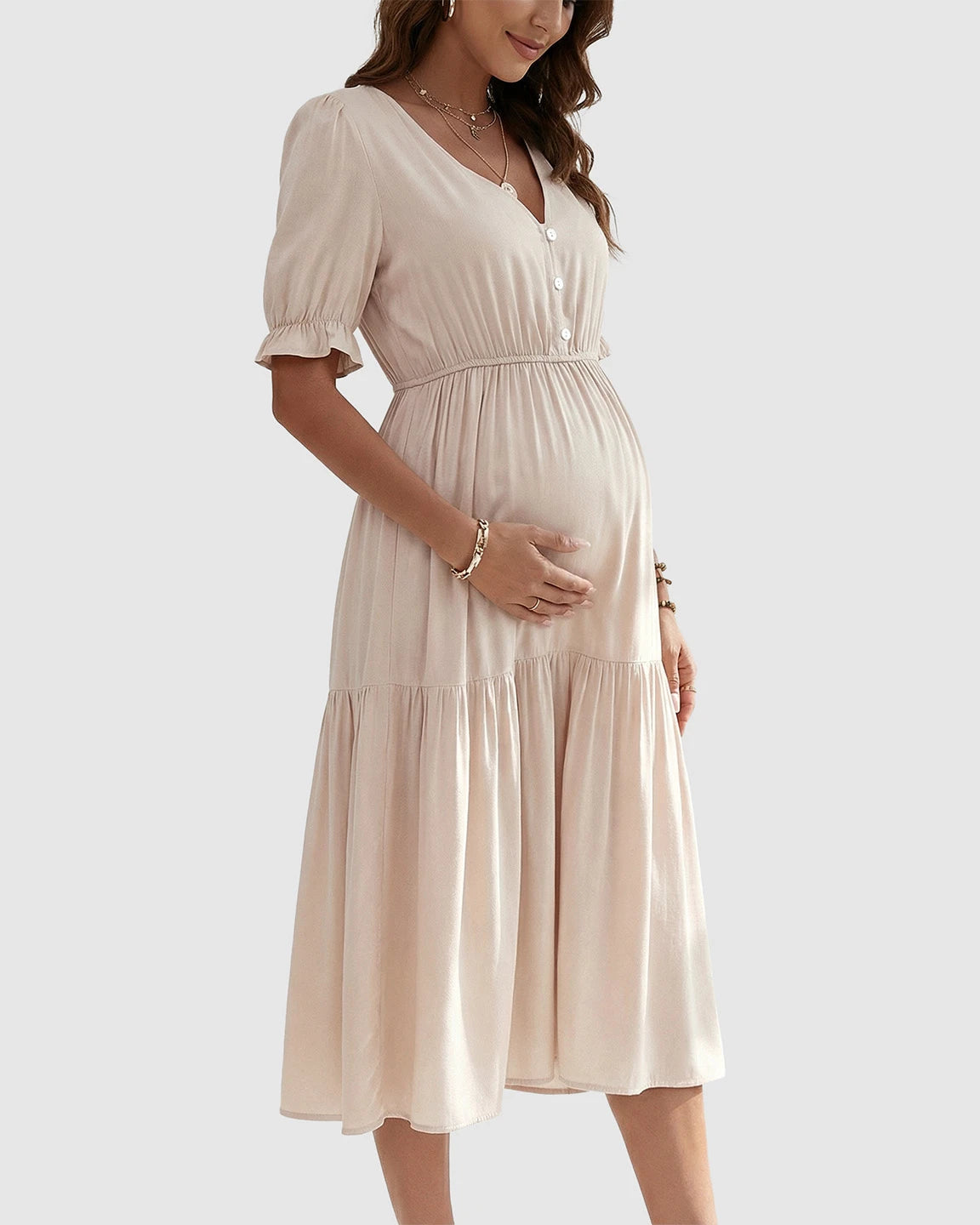 V-Neck Puff Sleeve Maternity Midi Dress