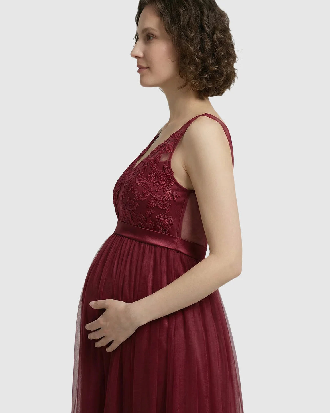 Lace-Trim Tulle Maternity Maxi Dress